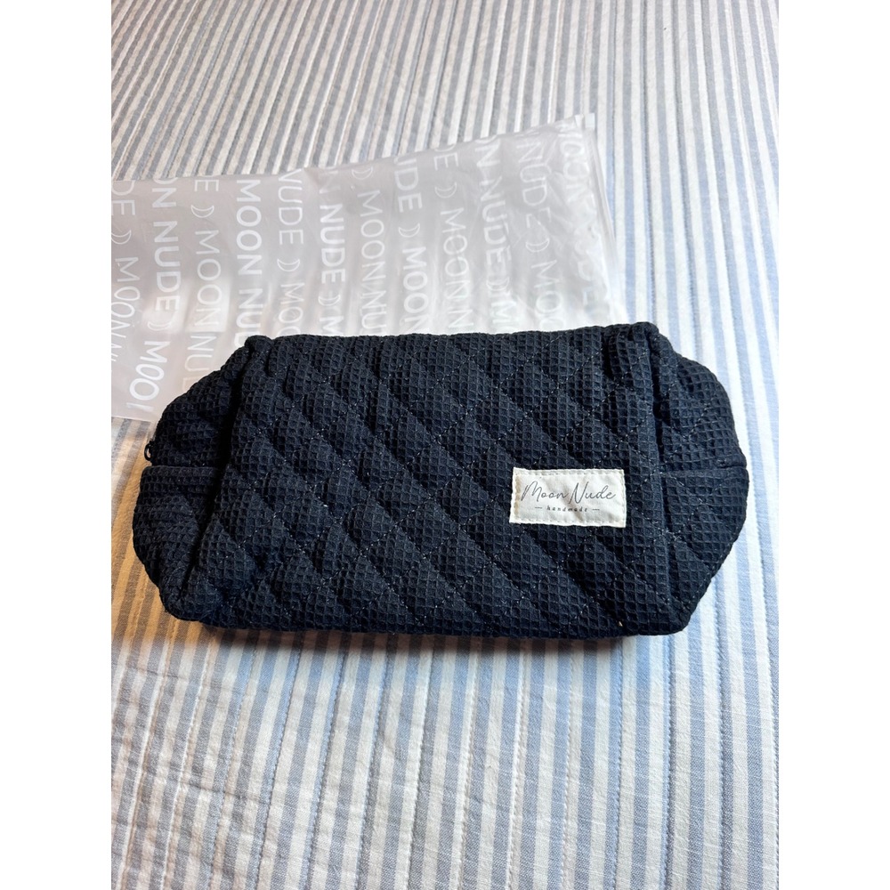 Moon Nude Handmade Licorice Large‎ Makeup Bag Quilted Black Cosmetic Zip Pouch